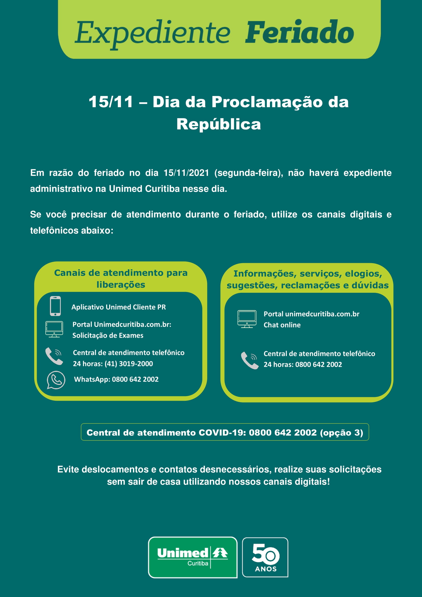 Comunicado sobre o feriado do dia 15/11
