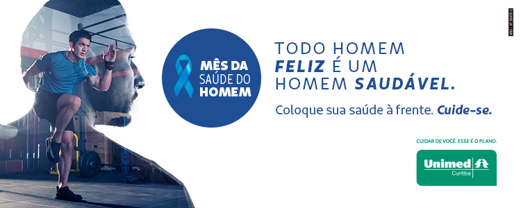 Sombra de um busto masculino com um homem praticando atividade física sobreposto. Nesta imagem temos o selo azul de Mês da Saúde do Homem