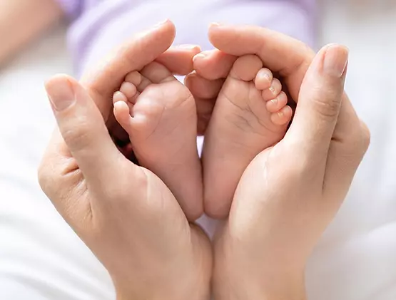 Pés bebês e mãos de adulto